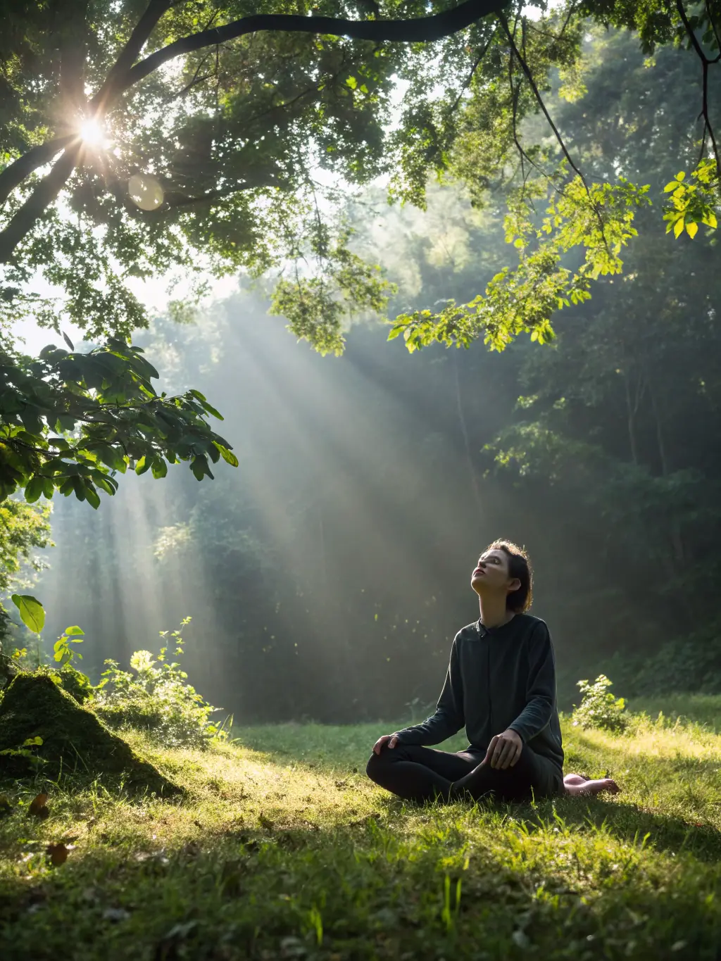 A person meditating in a serene park in the UK, surrounded by nature, representing mindfulness and personal well-being, with sunlight filtering through the trees.