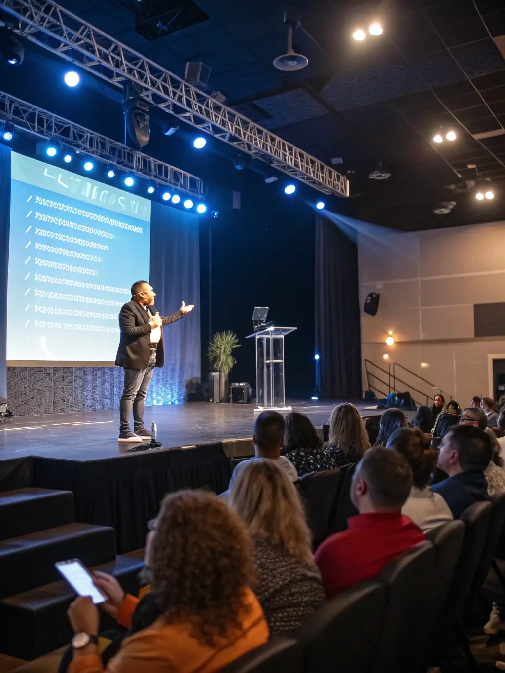 A coach delivering a motivational speech at a corporate event, inspiring attendees to embrace change and pursue their full potential.