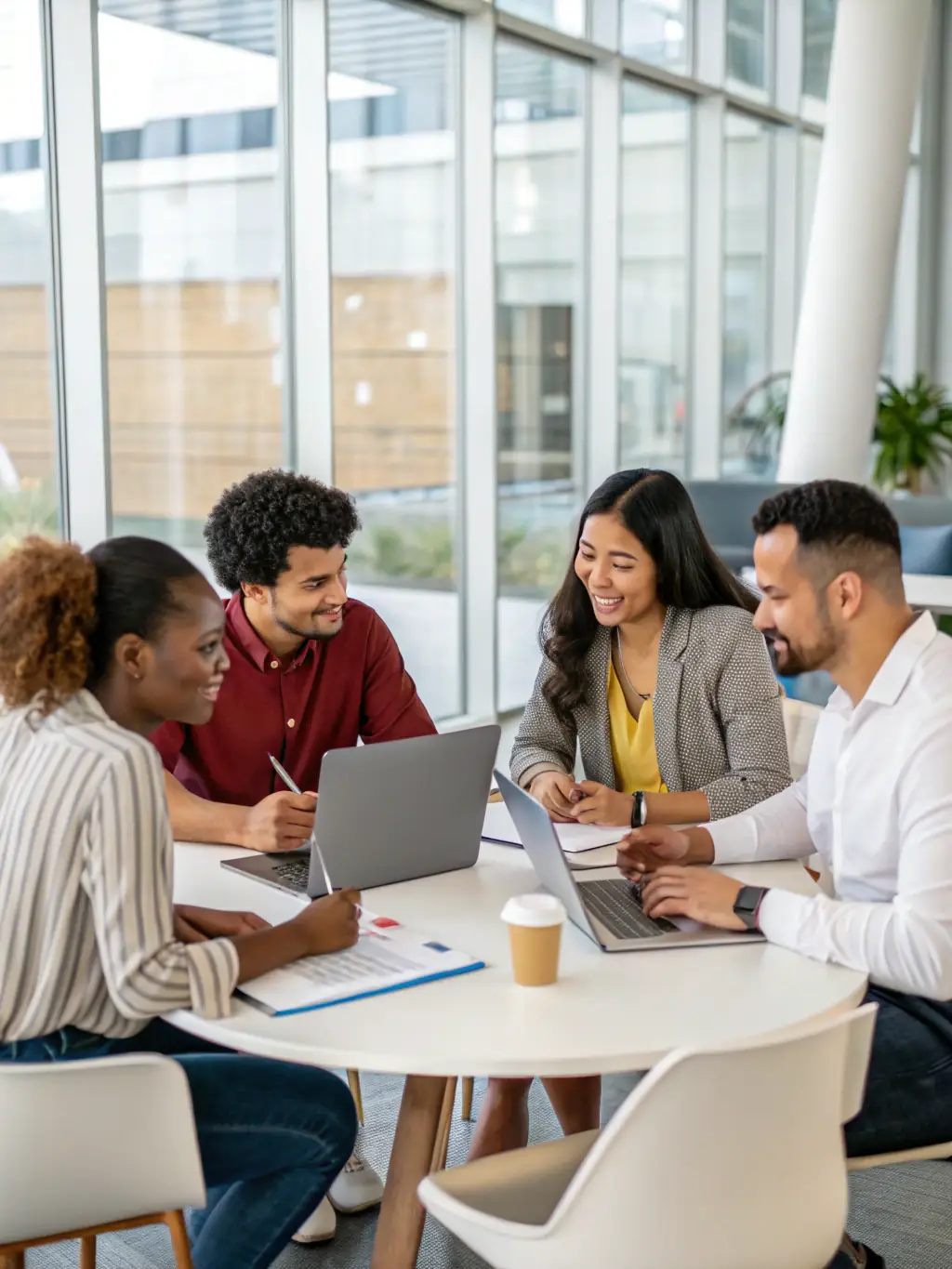 A diverse group of professionals collaborating around a table in a co-working space in Manchester, brainstorming ideas and sharing insights, symbolizing teamwork and innovation.