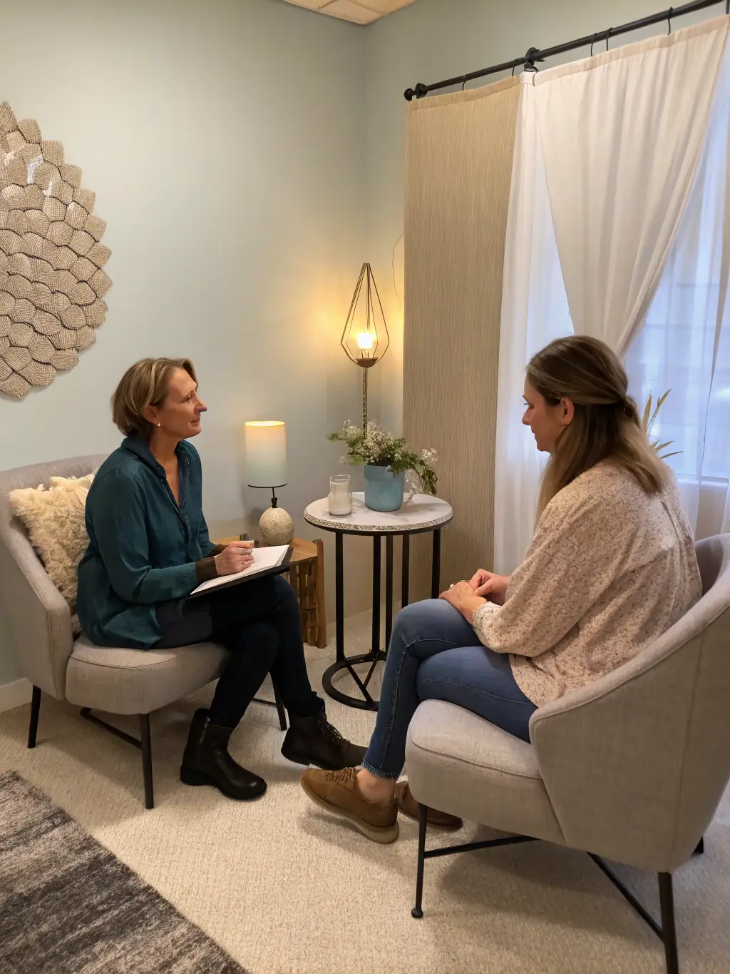 A coach conducting a one-on-one session, providing personalized guidance and support to a client in a modern office setting.